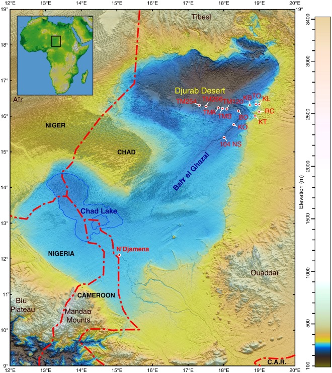 Chadian Basin: The blue outlines the rough shape and size of Megachad. Note that KT 12/ H1 was uncovered at the site indicated as "KT".